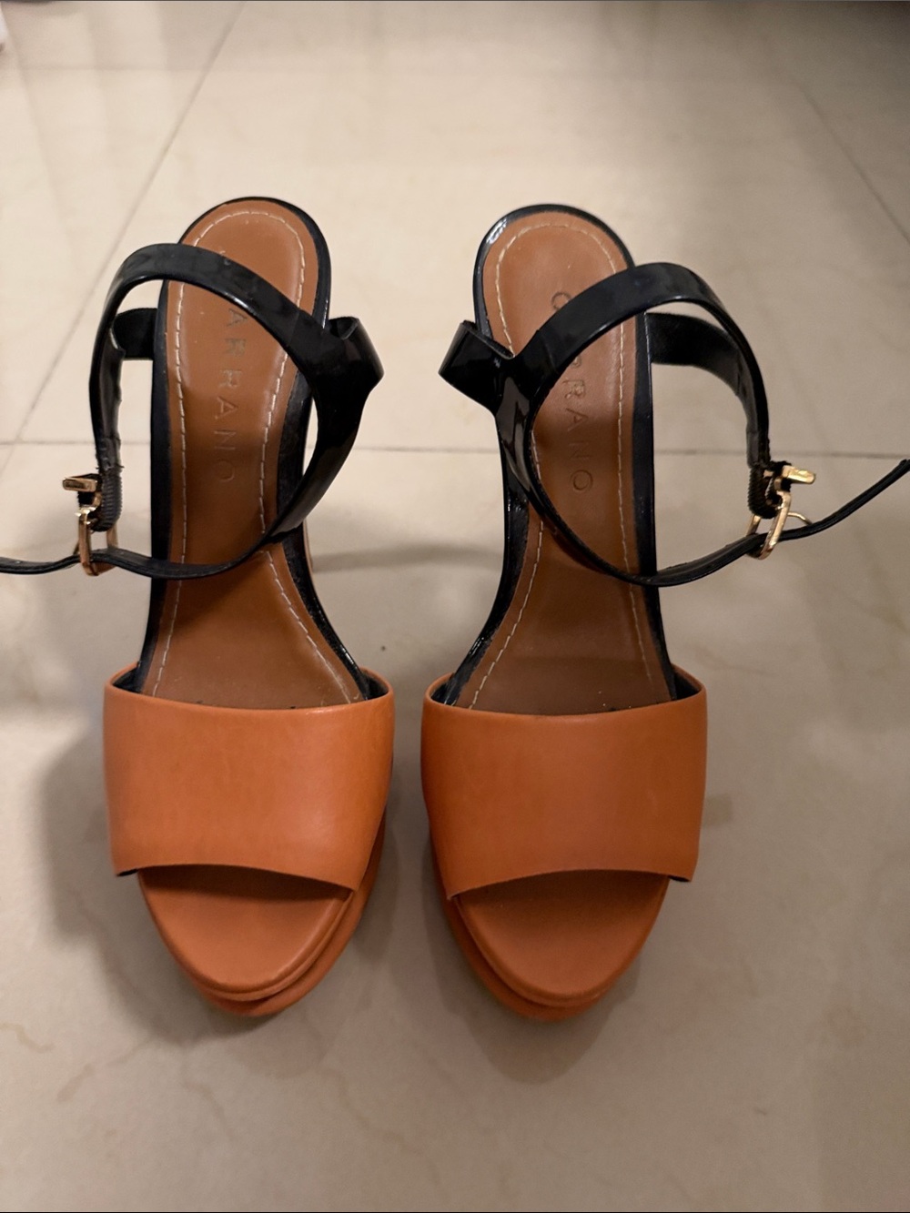 Two-Tone Ankle-Strap Platform Heels in Tan & Black